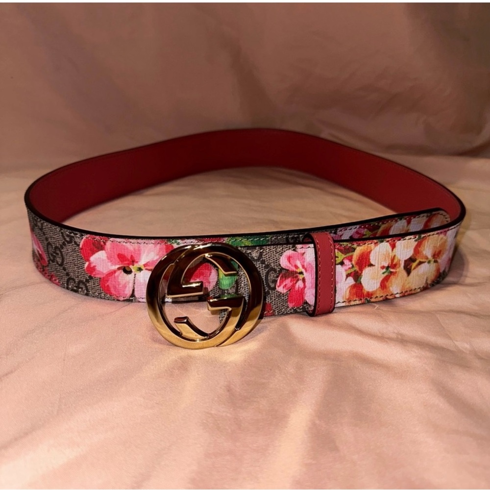 Gucci Pink and Gold Floral Belt with GG Logo